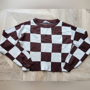Cute and Comfy Cropped H&M Brown and White Checkered Sweater